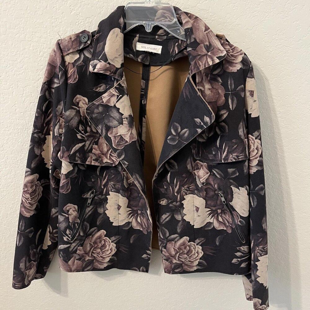 Solitaire Women's Medium Faux Suede Floral Jacket Black Brown Neutral Open Front